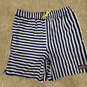 Vineyard Vines Blue and White Striped Swim Trunk with Pink Logo Patch